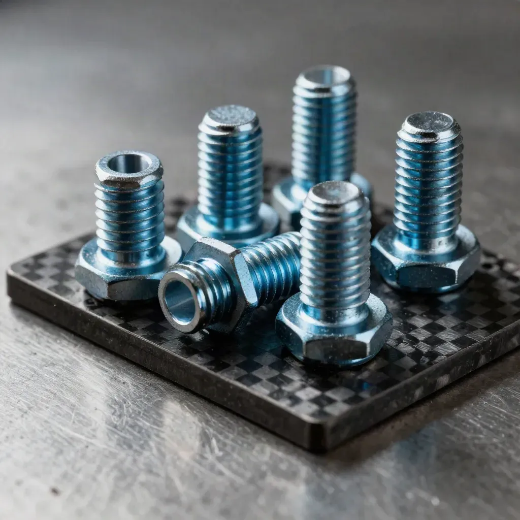 Macro still life of aerospace fasteners, standoffs, and carbon-fiber on brushed metal.