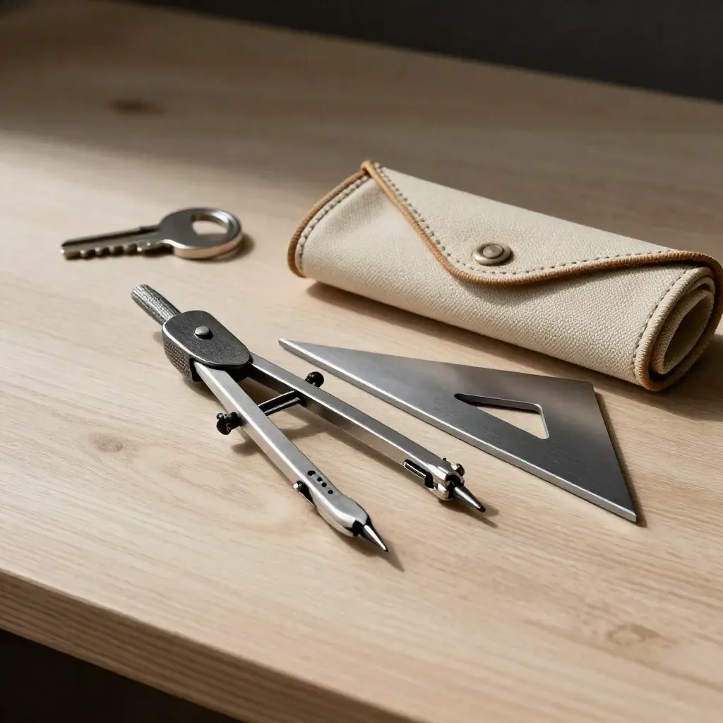 Drafting compass, triangle, and tool case on pale wood in dramatic studio light