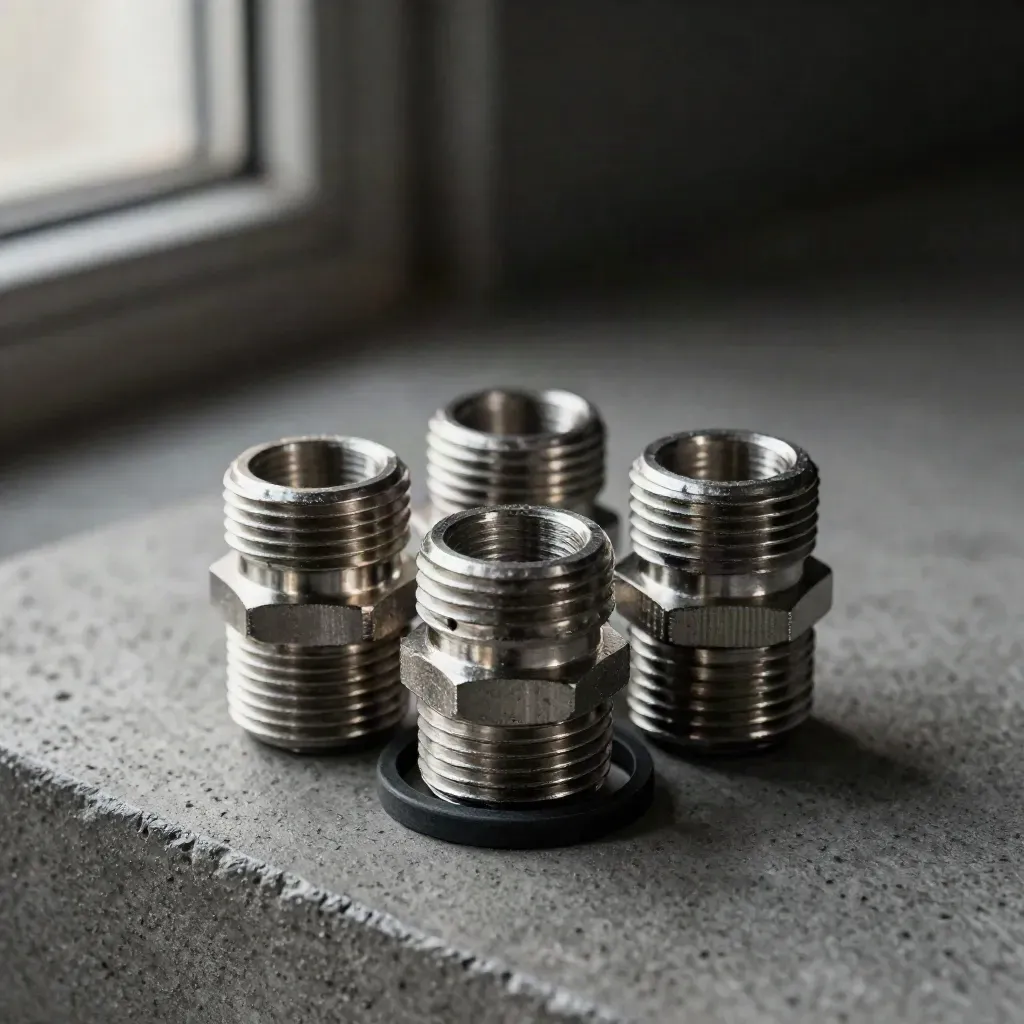 Stainless hose couplings and adapters clustered on smoked concrete under hard side light.