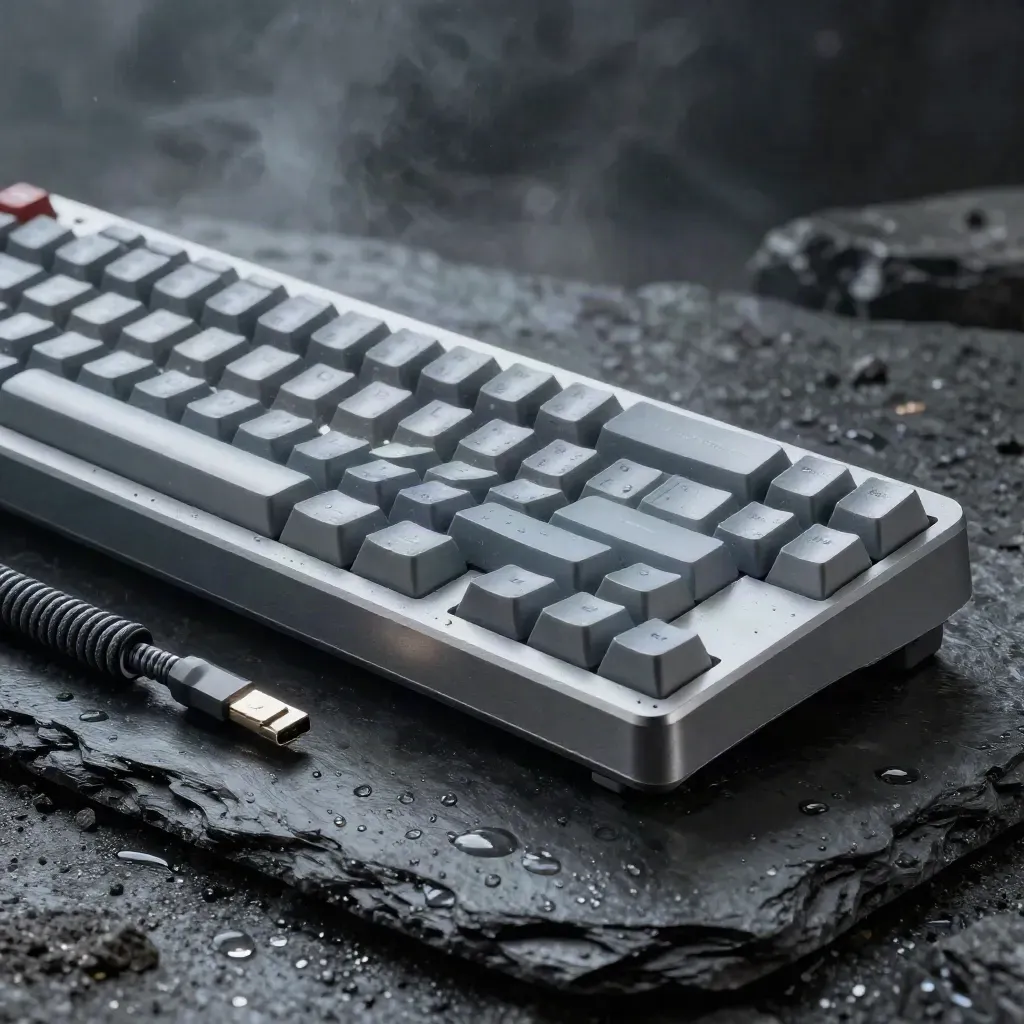 An anodized keyboard chassis with tools on wet slate in misty hard light.