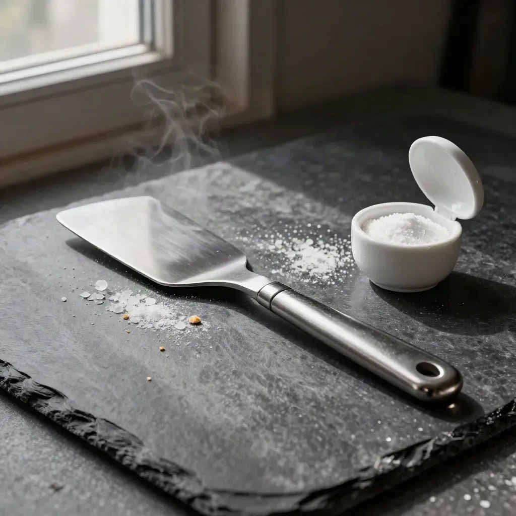 Chef tools on slate: bench scraper, offset spatula, and salt cellar in soft steam.
