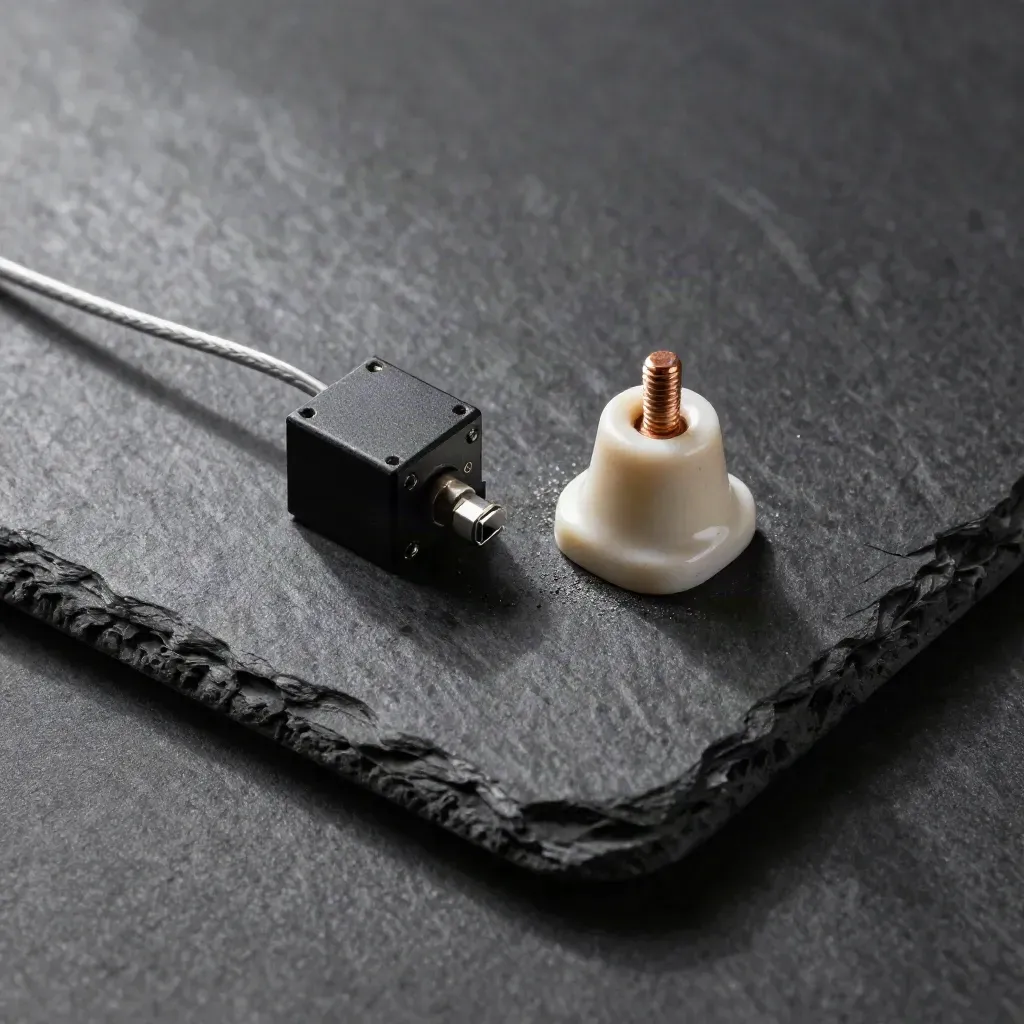 Antistatic mat, relay block, and ceramic standoff on graphite stone, lit from upper left.