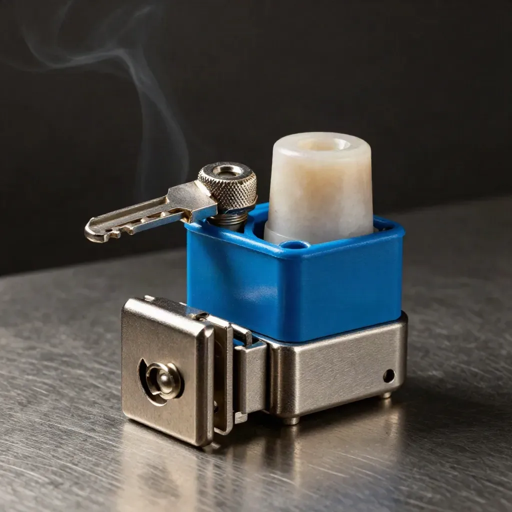Server cage latch, thumbscrew, and network cable boot on brushed metal in dramatic smoke-lit studio light.