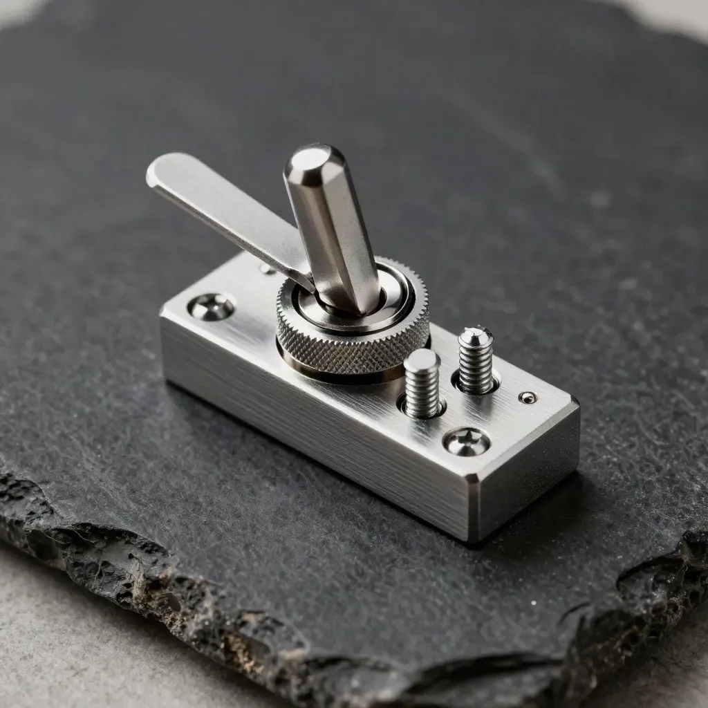 Macro of a toggle switch module with two spare screws on charcoal stone.
