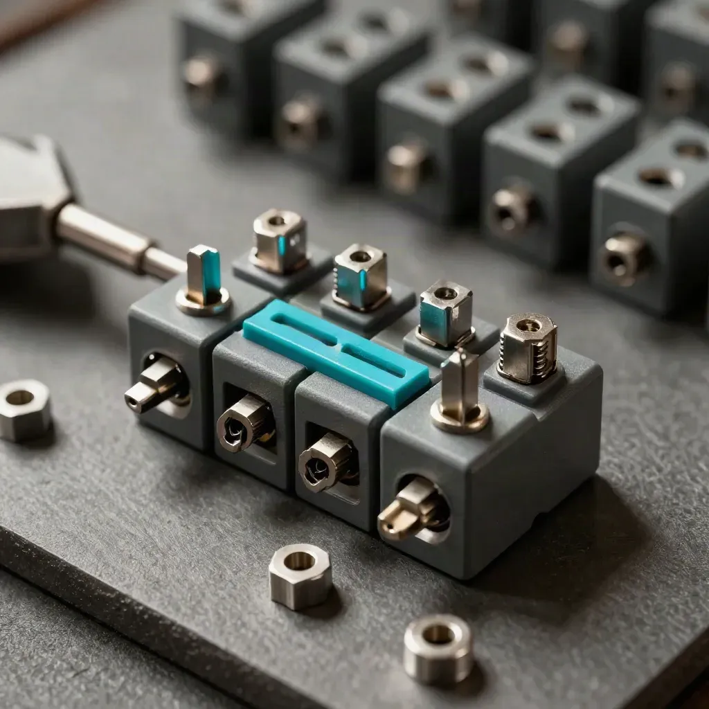 Top-down macro of a relay unit and jumper bridge on graphite, lit from upper left.