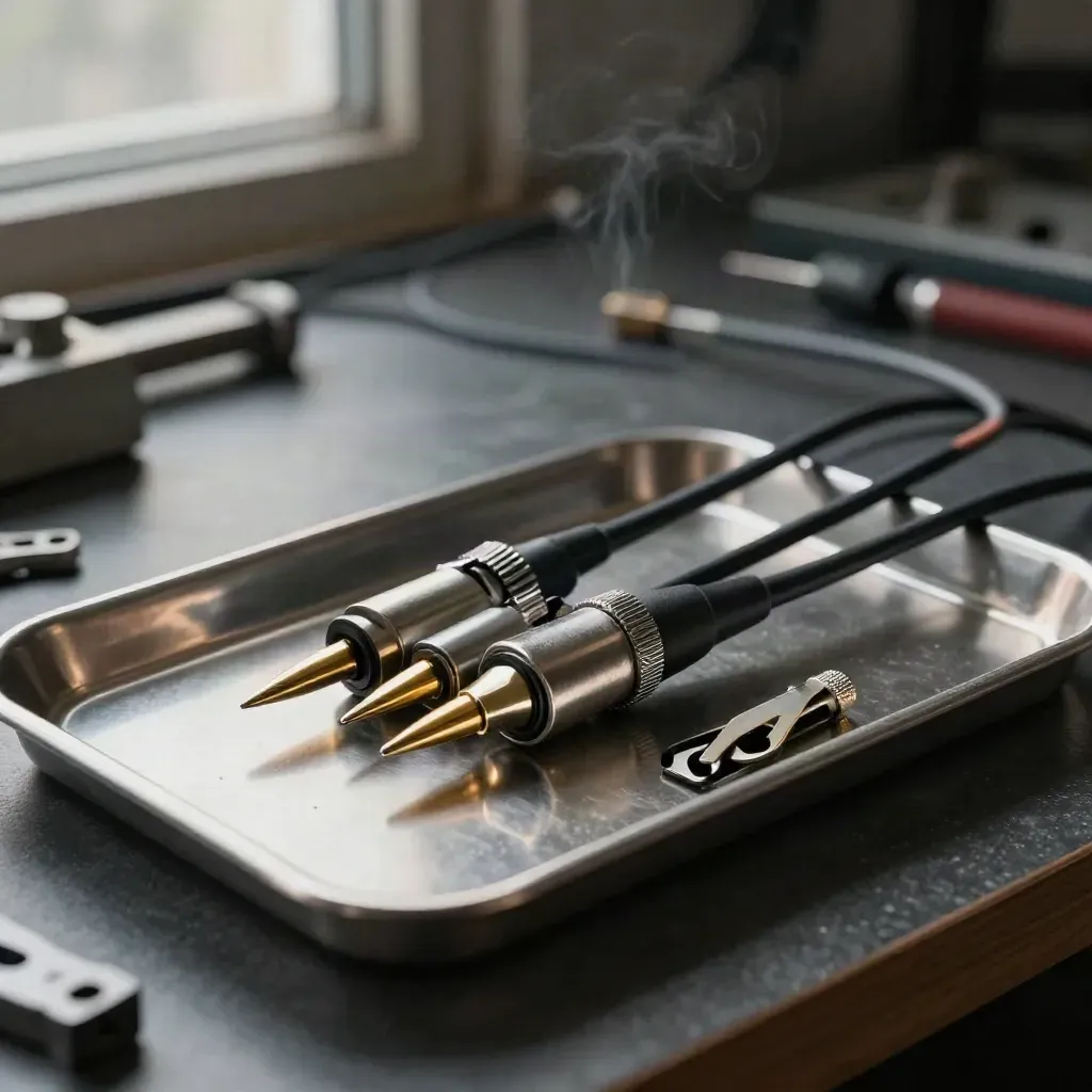 Logic analyzer probe set with spring clips and braided leads on a brushed steel tray.
