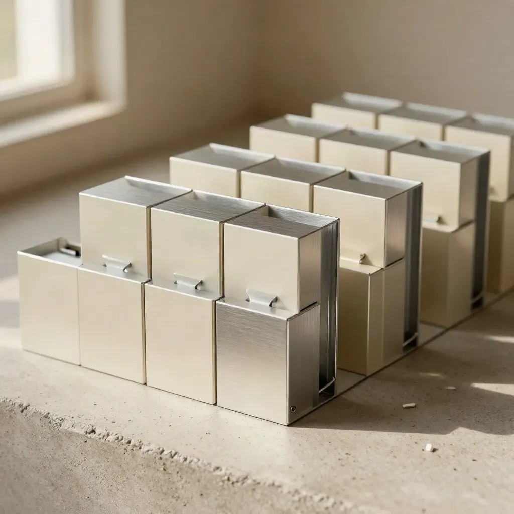 Aluminum blocks and clip-on spacers arranged on pale concrete with soft shadows.