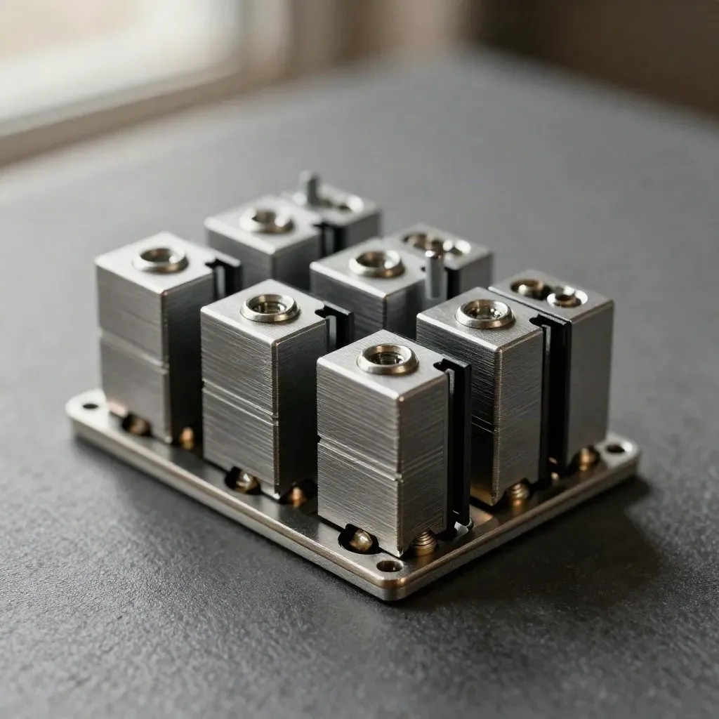 Macro of linked relays and spacer stacks on graphite, lit from upper left.