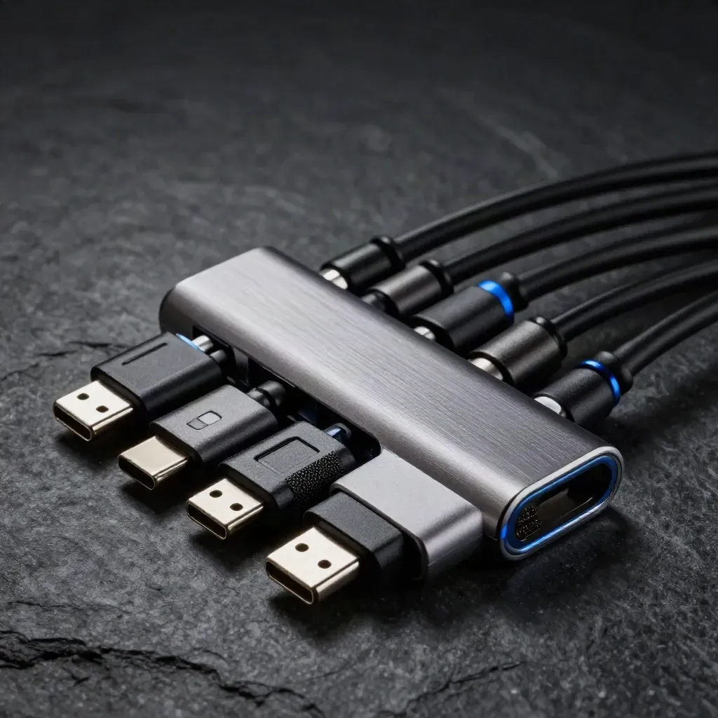 Extreme macro of braided USB-C hub adapters and connectors on dark stone