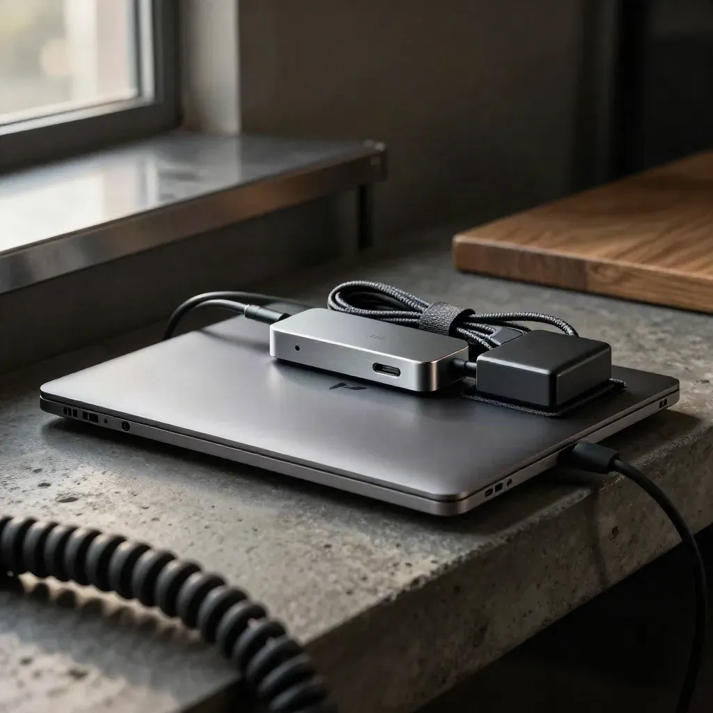 Closed laptop, dock, coiled cable and power brick on a dark workbench, lit dramatically.