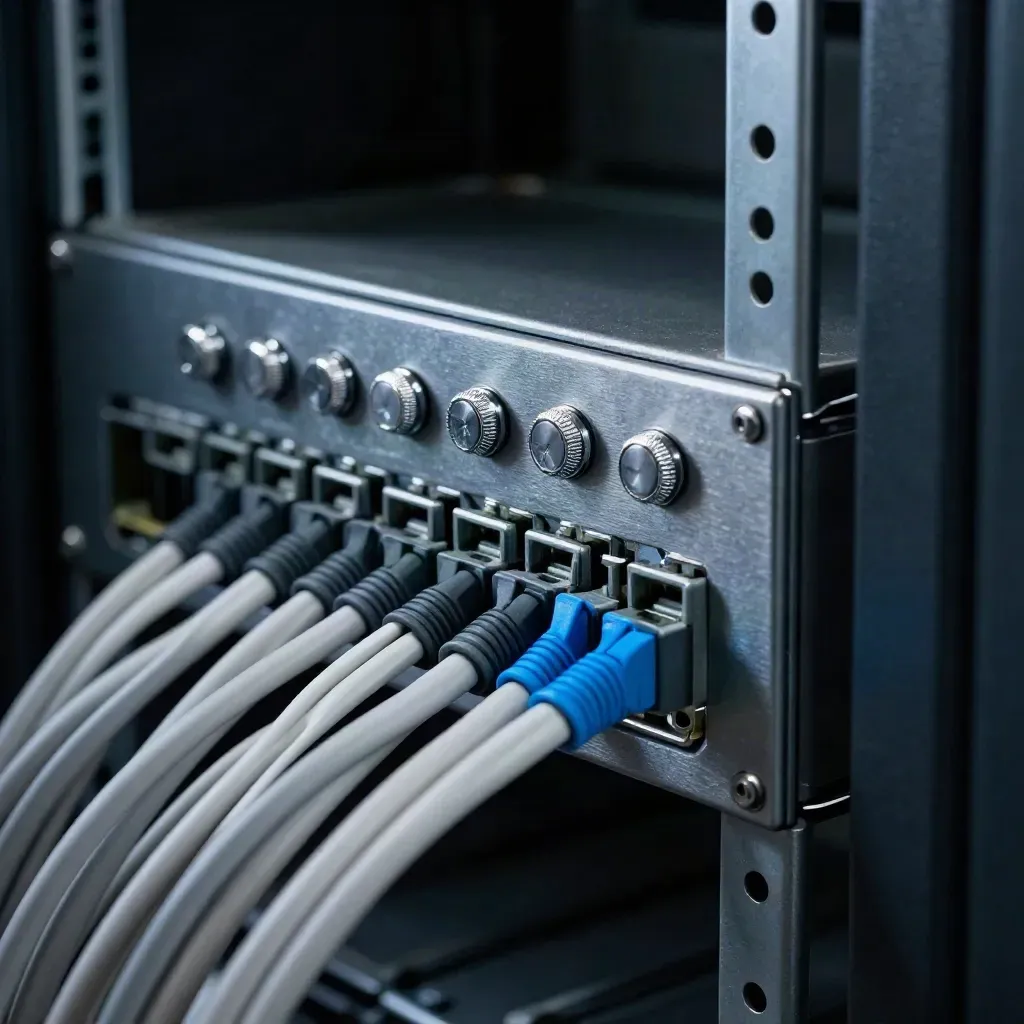 Patch panel, thumb screws, and cable bundles in a moody server-room close-up