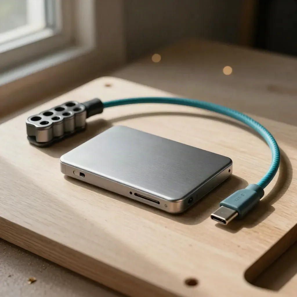 External SSD, hex driver set and cable wraps on pale wood, lit by soft window light.