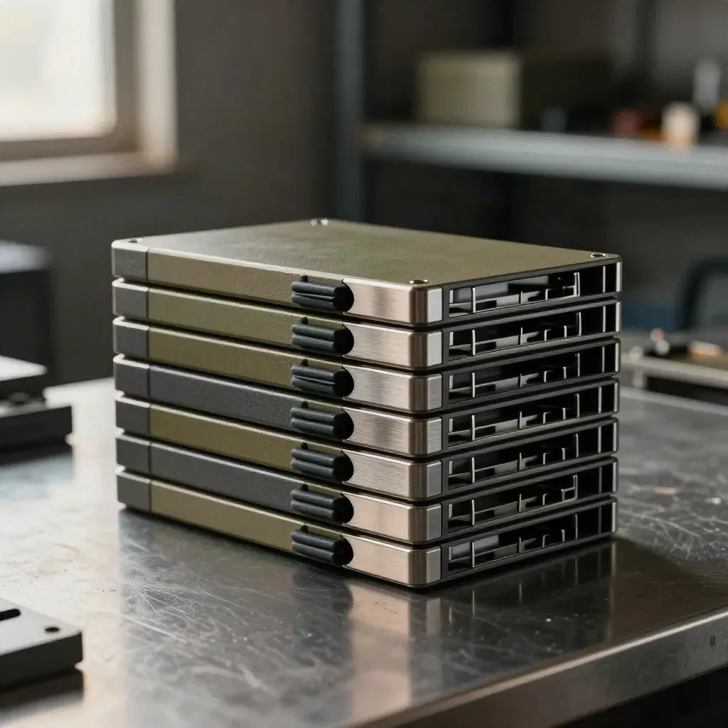 Compact storage cartridges, cable ties, and a parts organizer on brushed metal under dramatic light.