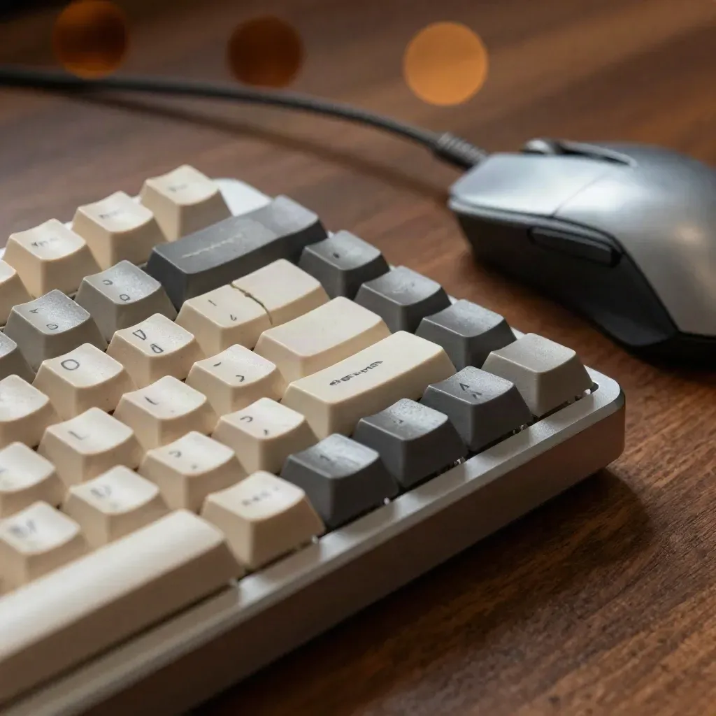 Macro of a worn mechanical keyboard, aluminum mouse, and cable comb on a dark walnut desktop.