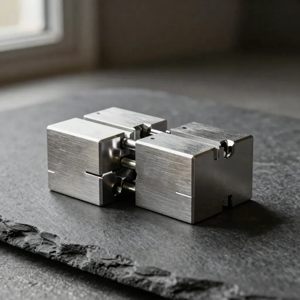 Machined aluminum blocks locking together on slate stone with dramatic light
