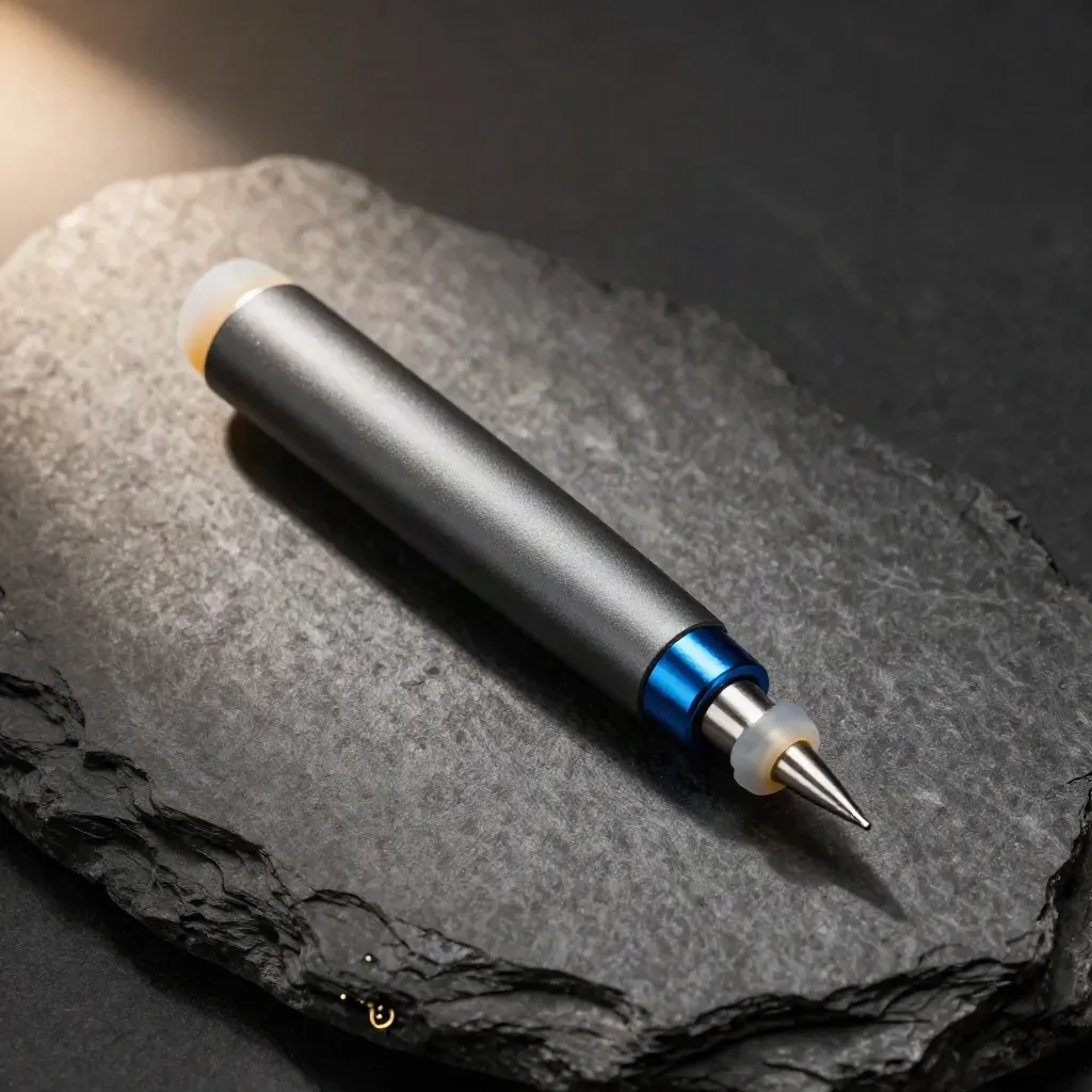 Macro still life of a diagnostic probe, damping feet, and PCB corner on charcoal stone with blue accent.