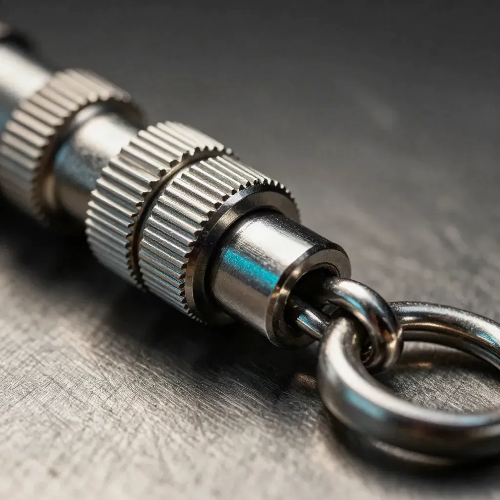 Extreme macro of linked metal rings and a cable coupler on brushed steel with cyan accents.