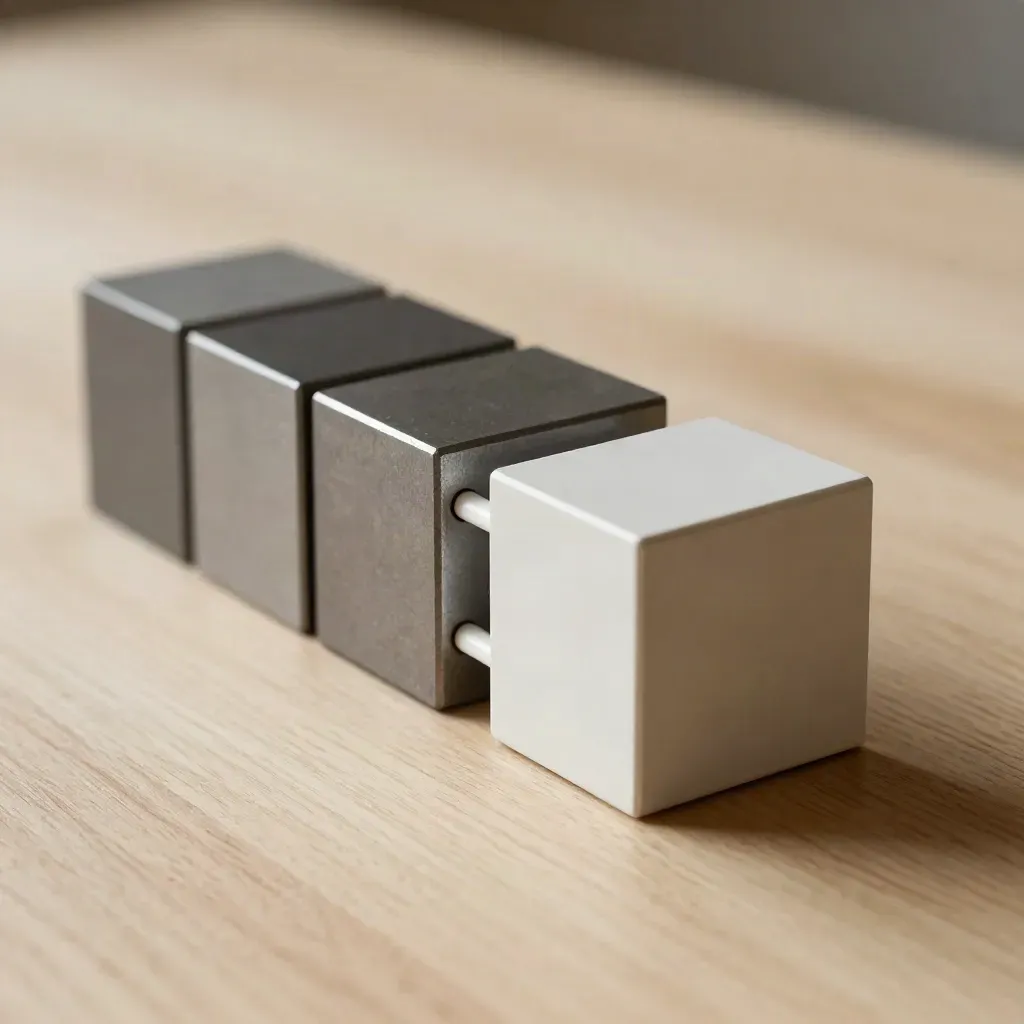 Grey modular connector blocks and a white pin lined up on pale wood in hard side light.