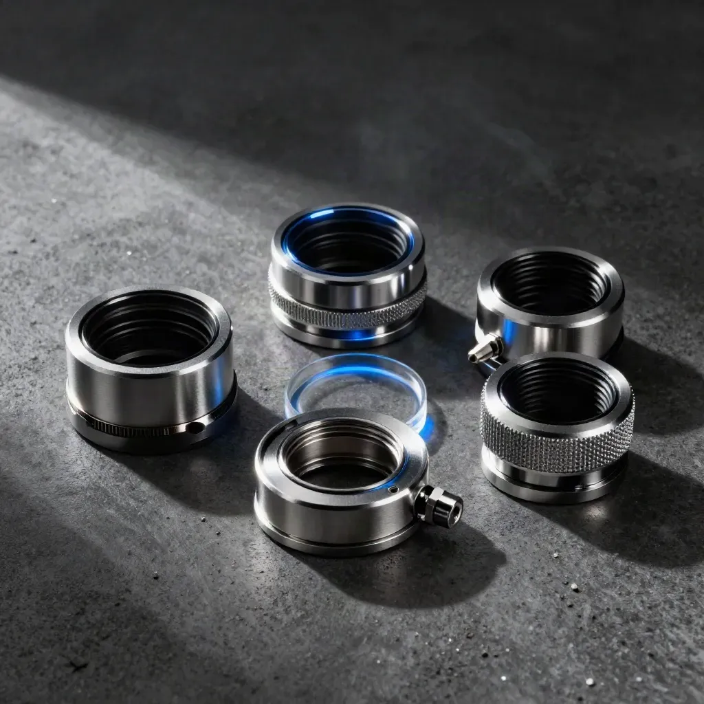 Polished adapter collars and sensor ring on dark concrete with smoke and blue accent