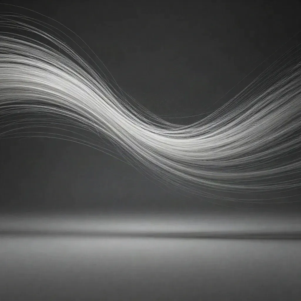 Silver filaments converge into a white bloom in dark graphite space, with calm empty lower third.